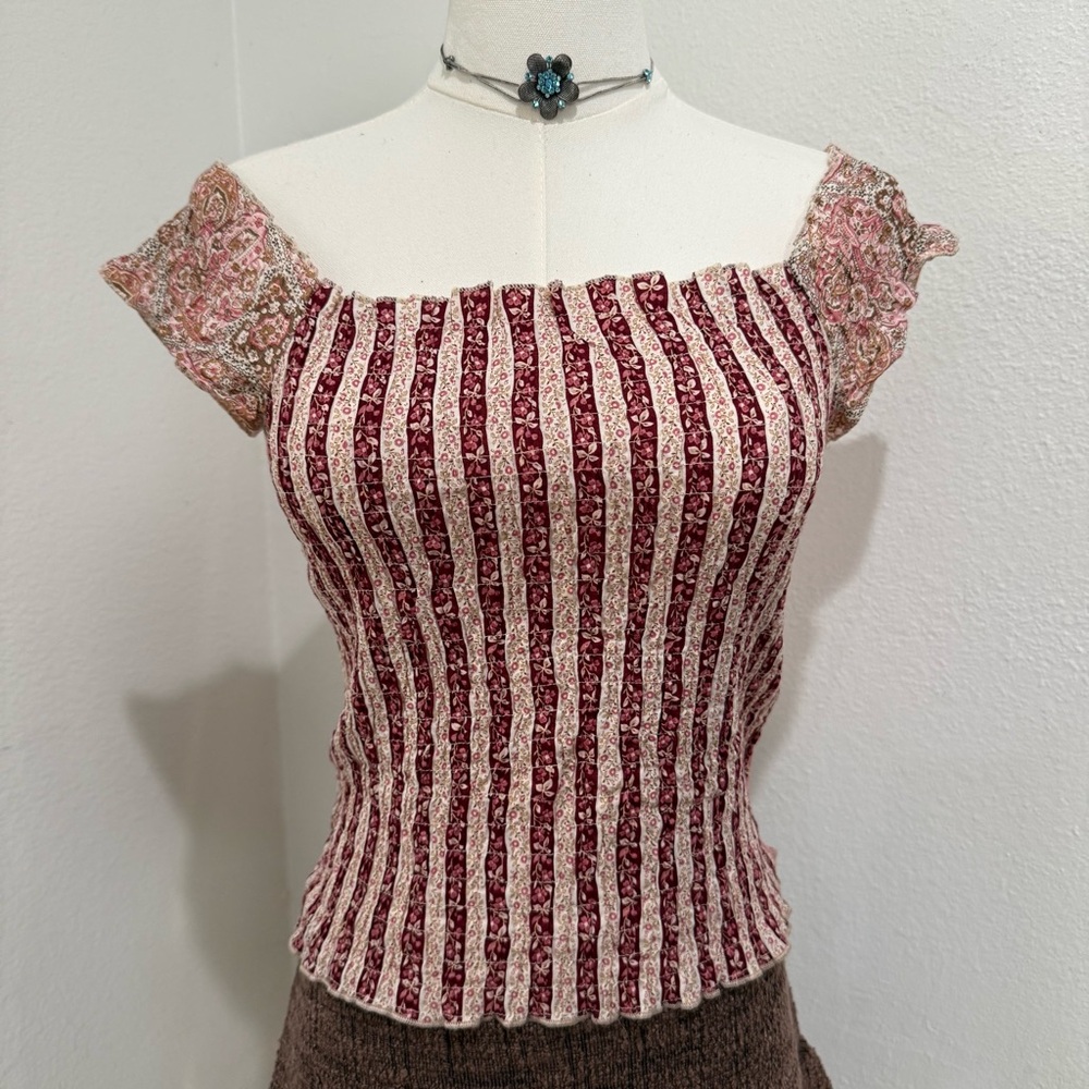 Maje pink and Cream Striped Floral Crop Top